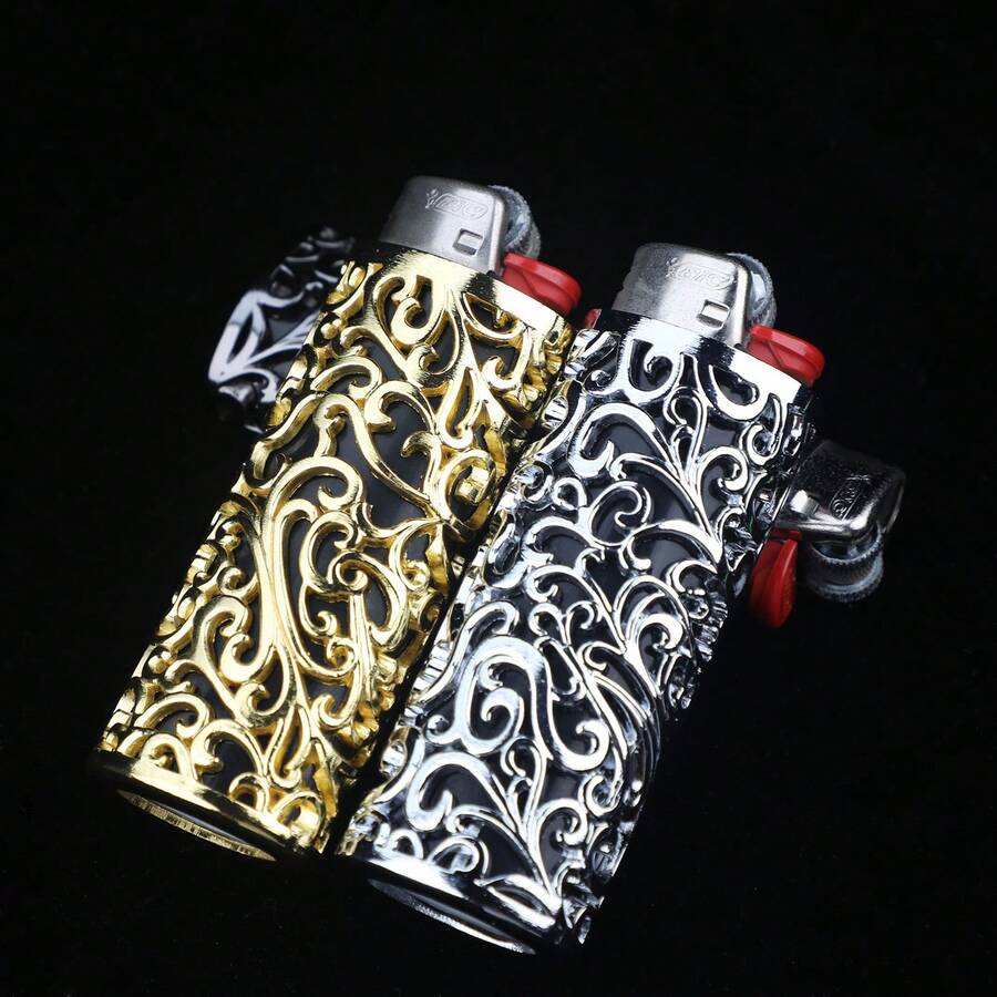 1 件金属镂空吉祥花防风点烟器盒，适用于 BIC J6 全尺寸打火机 - 时尚耐用的防爆金属打火机盖，防风简约复古耐用，理想的礼物选择 - 彩色 - 查看 1