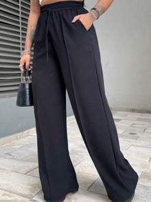 Duna Women's Wide Leg Pants Elastic Waist With Pocket High Waist Simple Casual Elegant Party Drawstring Split Pocket Daily Trousers - màu đen - Xem 3