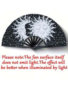 13 Inch Fluorescent Folding Fan - Glow-In-The-Dark Gothic Sun & Moon Constellation Design, Vibrant Rainbow & Leopard Print Fan,Large Black PP Material For Halloween, Raves, Clubs, Concerts, Themed Parties, Cosplay, Costume Props, Gifts, And Dance Events, Halloween Decorations, Without Battery