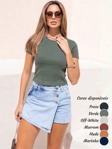 Blusa de Manga Curta Baby Look, Ideal para o Verão, Tecido Ribana Confortável e Fresco