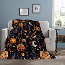1 Piece-​Best - Selling Halloween Polyester Blanket, Witchy Pumpkin & Moon Pattern With Stars & Webs, Cozy Soft Throw For Couch/Bed, Spooky Seasonal Decor Must - Have