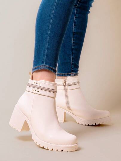 Botines de tacón alto mujer, botines con hebilla redonda, botines,elegantes, calzado urbano mujer, botines para otoño invierno, botas estilo minimalista, botines fashion mujer, botas caña media.