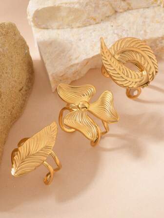 3 Pieces Of 18k Gold-Plated Stainless Steel Women's Open Ring, Summer Beach Vacation Style, Retro Style, Leaf Flower Shape Suitable For Daily Wear, Party And Holiday Gifts