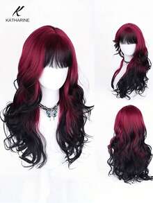 26" Glamorous Wavy Curly Long Hair Wigs - Synthetic Women Black Red Highlights Cosplay Daily Party Clothing Wig Halloween Party(Excluding Accessories) - Red Highlight - View 1