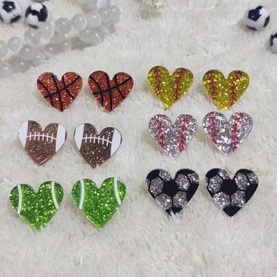 1 对时尚创意运动耳钉爱心闪亮亚克力运动球设计，棒球耳钉足球篮球排球橄榄球木耳钉