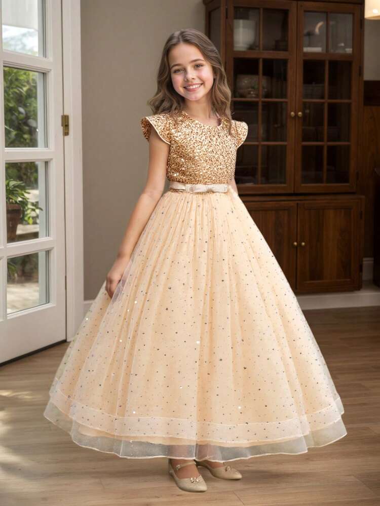 Vestido maxi de princesa sin mangas para niña preadolescente, con lentejuelas y lazo de tul, vestido de dama de honor y fiesta para adolescentes y jóvenes - Dorado - Añade 1