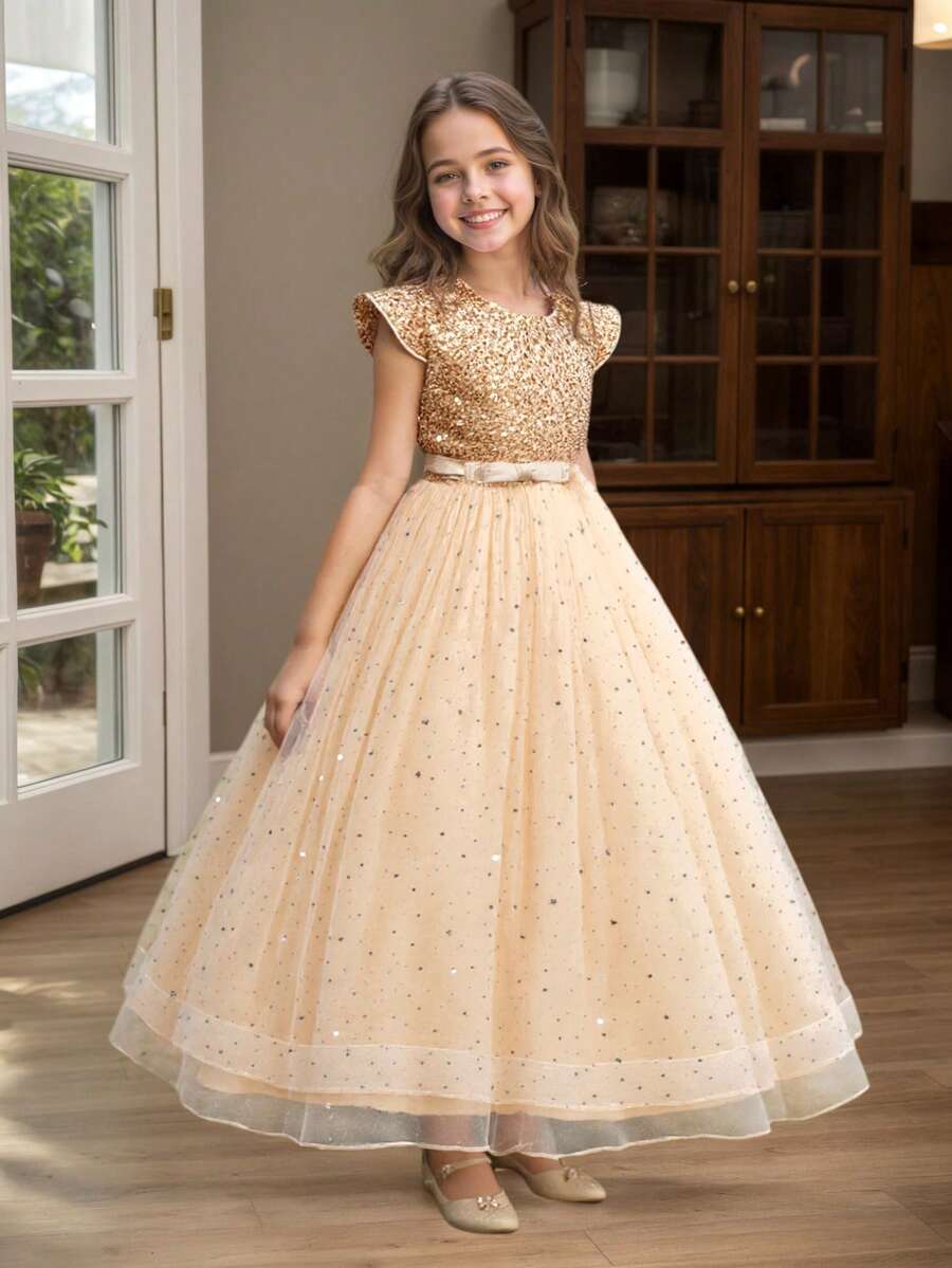 Tween Girl Sleeveless Sequined Bowknot Tulle Maxi Princess Dress, Bridesmaid & Party Gown For Teen & Youth - 金色 - 查看 1