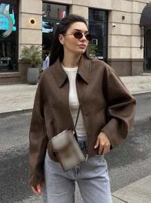 SHIBASHAN 秋季时尚翻领长袖拉链夹克带口袋休闲宽松外套 - 棕色 - 查看 3