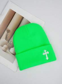1 Peça Gorro de Malha Estilo de Rua Masculino com Bordado em Cruz, Chapéu de Malha Y2K, Sem Aba, Visual de Halloween e Outono