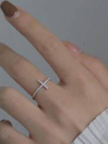 1pc Elegant Promise Ring, Fashion Cross Design With Shiny Cubic Zirconia, Engagement/Wedding Ring, Luxury Bridal Jewelry