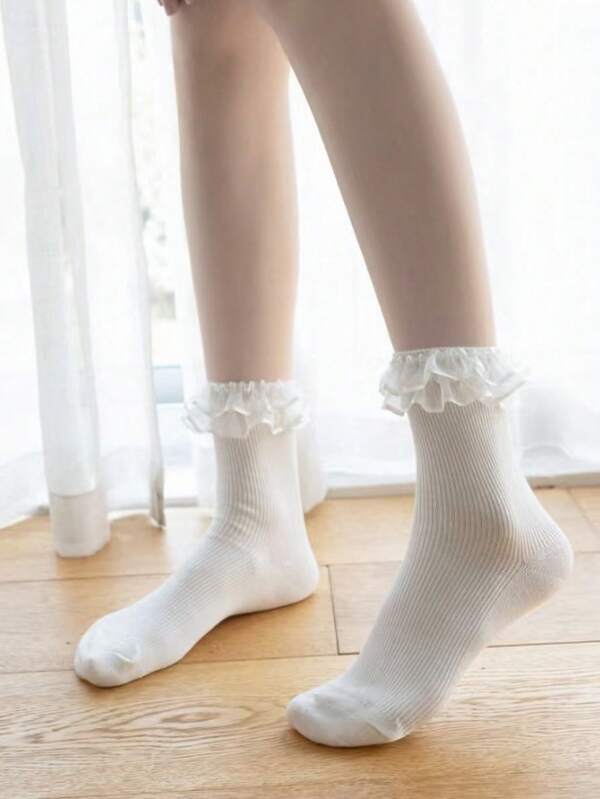 1 Pair Women's White Double Ruffle Trim Mid-Calf Socks, Fashionable, Versatile, Soft And Comfortable For Everyday Use