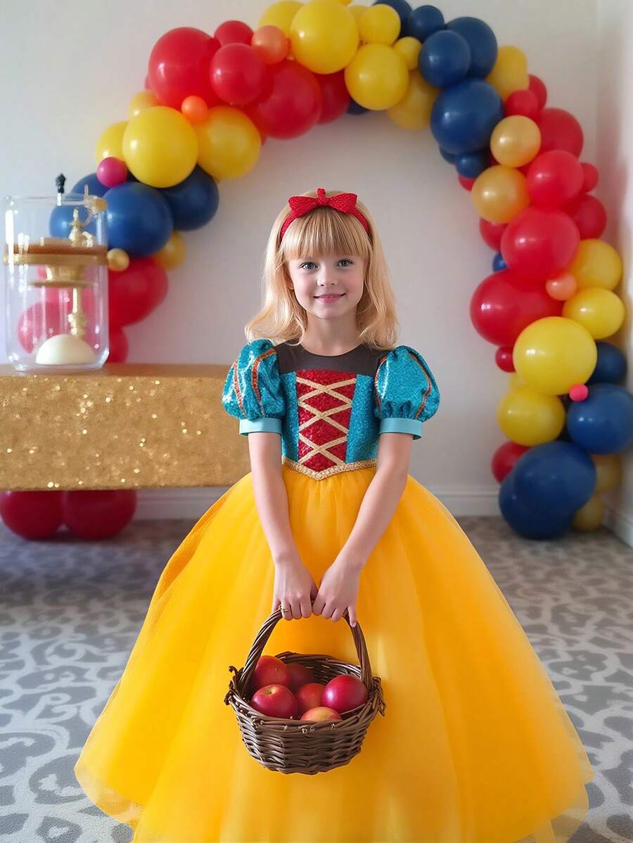 Tween Girls' Shiny Sequin Puff Sleeve Tulle Princess Dress, Suitable For Parties - Yellow - View 1