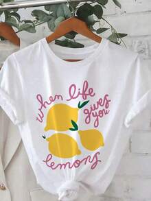 女士休闲柠檬图案字母印花圆领短袖 T 恤，夏季