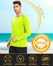 Men's Long Sleeve Shirts UPF 50+ UV Sun Protection Athletic Shirts For Hiking Running Workout Rash Guard-2025 - Fluorescent Green - View 4