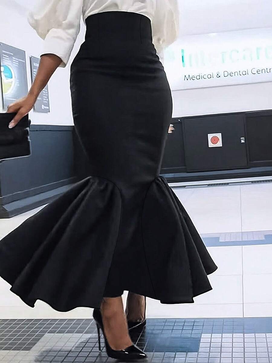 Rok A-Line Rajut Warna Polos untuk Wanita Ukuran Besar, Cocok untuk Semua Musim, Warna Hitam