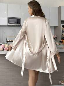 Conjunto de pijama elegante de color liso para mujer,Incluye vestido lencero de encaje y bata de satén - Champán - Ver 2