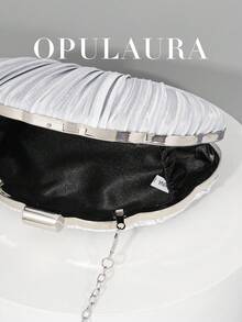 OpulAura 女士优雅/奢华褶皱缎面盒状手拿包，浪漫婚礼手提包，别致礼服钱包，简约杏色盒状包，配有可拆卸链条，适合作为节日礼物 - 銀色 - 查看 4