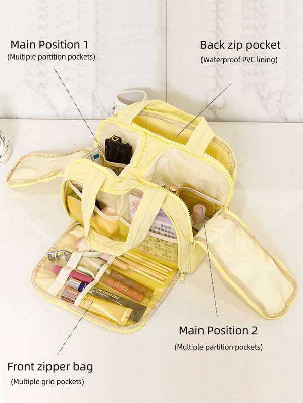1 Large Capacity Double Wide Open Solid Color Toiletry Bag, Women's Portable Vacation Beauty Bag, Multi Pocket And Multi Slot Multifunctional Makeup Bag, Fashionable And Simple Partitioned Storage Bag