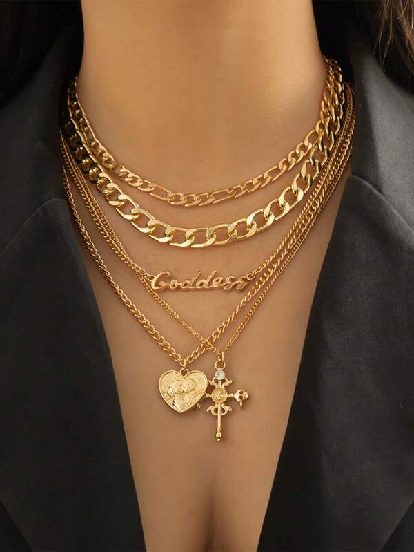 1 set de collar con colgante de moneda con forma de corazón y cruz retro, collar de cadena de metal dorado punk, adecuado para joyería Y2K y estilo steampunk, excelente como regalo de vuelta al colegio