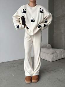 Women Casual Heart Pattern Round Neck Long Sleeve Pullover Top And Long Pants Set, Embroidery Design - White - View 2
