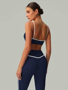 2 PCS CO Ord Set Spring And Summer Women Fashion White Line Yoga Sports Bra And Leggings - Navy Blue - View 8