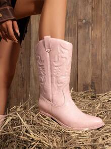 Women'S Cowboy Western Boots Point Toe Pull On Cowgirl Boots  Embroidered Detail Chunky Heeled Back To School Music Festival  Matching Dress Mid Calf Pink Boots - 淺粉色 - 查看 4