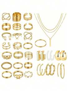 37-92pcs Elegant Vintage Butterfly, Heart, Faux Pearl, Twist Knot, Star, Moon, Rhinestone, Wide Band, Snake Chain, Braided Chain, Geometric C-Shape Earrings, Necklaces, Rings, Bracelets Jewelry Set, Suitable For Holidays, Parties, Daily Wear, Holiday Gifts Valentines,Mom,Mother,Mother's Day,Gift