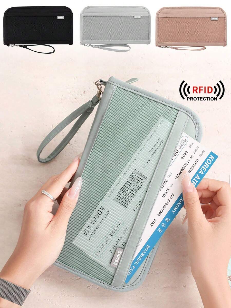 多功能 RFID 屏蔽旅行证件袋,带拉链封口,存储护照袋,防盗刷,非常适合存放银行卡、护照、票证、零钱和卡,旅行必需品,安全封口假期护照套护照夹,适合女性家庭使用 - 彩色 - 查看 1