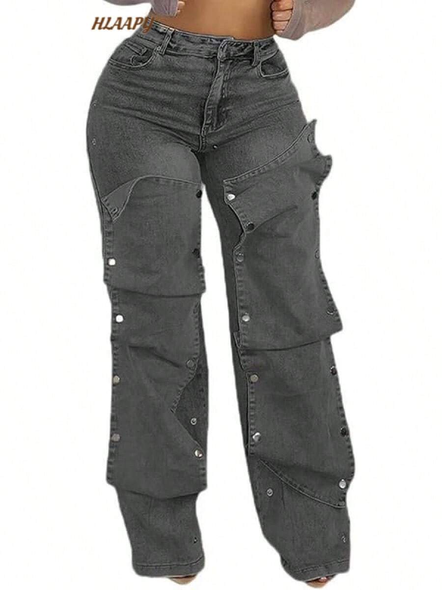 Women Cargo Jeans High Waisted Straight Wide Leg Jeans Pants Button Detachable Denim Cargo Trousers - 01xám - Xem 1