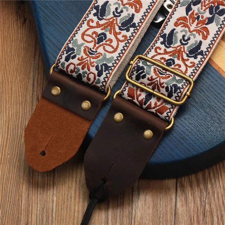 Miwayer Embroidered Guitar Strap Soft Vintage Flowers Adjustable Creative Watch Bands Cotton Belt & Leather Head - KhakiBrown - View 1