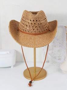 1pc Unisex Solid Hollow Out Cowgirl Hat Sun Hat Wide Brim Handmade Sun Visor Windproof Rope Cowboy Hat Perfect Beach Hat Straw Hat For Outdoor - Multicolor - View 5