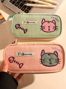 1pc Cute Cat Design Pencil Case, Highly Attractive Candy Color Contrast Color Pencil Box, Large Capacity Stationery Storage Bag, Unique Design,School Supplies,Back To School