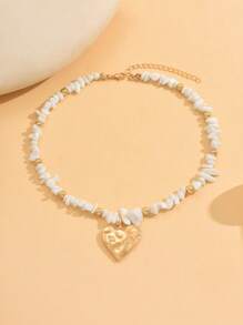 1pc Summer Boho White Natural Stone CCB Handmade Beaded Choker Necklace With Liquid Heart Alloy Pendant, Fashion Versatile Suitable For Daily, Vacation, Party, Date Wear. The Shape And Size Of The Stones Are Random.