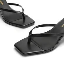 Women Comfortable Kitten Heel Thong Heeled Sandals Fashion Square Open Toe Slip On Casual Slides For Spring Summer Daily Wearing - Black - View 10