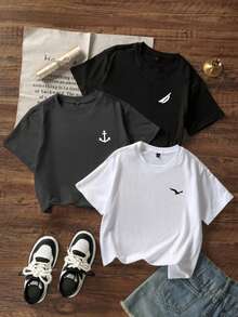 3pcs Tween Boys Students Casual Printed Round Neck Short Sleeve T-Shirts, Summer Tops - Black - View 2