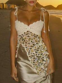 Sequin Crochet Halter Tops For Women Sexy Open Back Y2k Crop Top Hollow Out Knit Summer Beach Going Out Tops - trắng - Xem 1