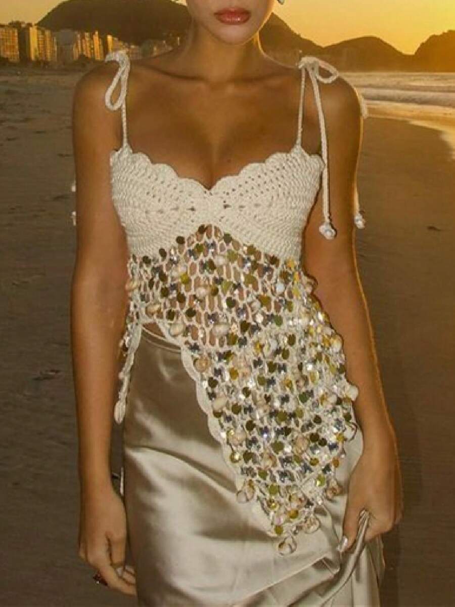 Sequin Crochet Halter Tops For Women Sexy Open Back Y2k Crop Top Hollow Out Knit Summer Beach Going Out Tops - trắng - Xem 1