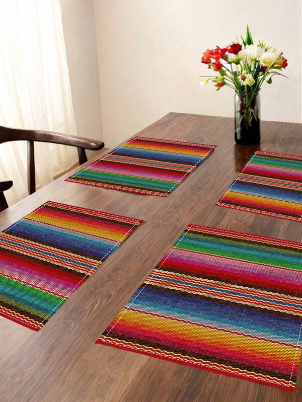 Juego de 4 manteles individuales a rayas de México, resistentes al calor, lavables y de fácil limpieza, manteles decorativos para mesa redonda de patio, fiesta, cocina, hogar o mesa para té