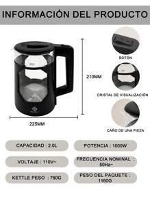 1 pieza Hervidor de vidrio de borosilicato alto, para el hogar hervidor de agua, Jarra Eléctrica de Vidrio Cafetera Tetera Eléctrica 2 Litros 1000 W Apagado Automatico Hierve agua en minutos Base Removible, luz azul transparente, apagado automático, previene quemaduras secas - Tipo de Enchufe A USA (110-127V) - Ver 3
