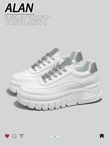 Alan Vincent [免退換貨] [厚底增高系列] 新款女鞋 白色運動鞋 厚底增高休閒運動鞋 女款厚底鞋 舒適時尚 適合日常穿著 鑲鑽鞋跟 附贈鞋帶 - 白色 - 查看 7