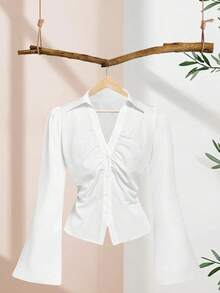 Women's Solid White Spring Fall Blouse, Flared Long Sleeve Lapel  V-Neck Shirt Button Down Slim Top For Office, Casual Wear - trắng - Xem 4