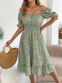 Váy ngắn tay bồng họa tiết hoa dây rút cho kỳ nghỉ giản dị dành cho nữ, Xuân/Hè - Màu xanh nhạt - Xem 6