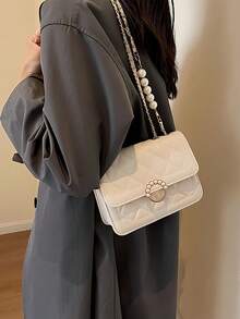 Perle einfarbige Diamant-Stickerei Umhängetasche, lässig klassisch vielseitig für den täglichen Gebrauch, modische personalisierte Tasche, geeignet für tägliches Outfit, Fotos, Einkaufen, Dates, Ausflüge, Reisen, Meer, Strand, tragbar, geeignet für Mädchen, weibliche Studenten, sehr geeignet für Büro, Universität, Mittelschule, Oberschule, Arbeit. - Beige - Übersicht 4