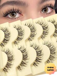 Asiteo 5 Pairs Cartoon Style False Eyelashes, Transparent Short Handle Anime Korean Makeup False Lashes - Ultra-Thin Transparent Lash Band - Anime Faux Mink Reusable False Eyelashes - 自然纖長款 - 查看 1