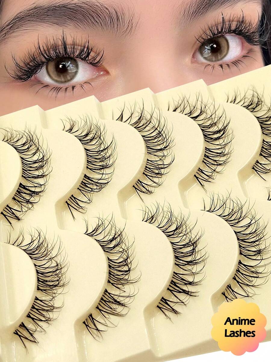Asiteo 5 Pairs Cartoon Style False Eyelashes, Transparent Short Handle Anime Korean Makeup False Lashes - Ultra-Thin Transparent Lash Band - Anime Faux Mink Reusable False Eyelashes - 自然纖長款 - 查看 1