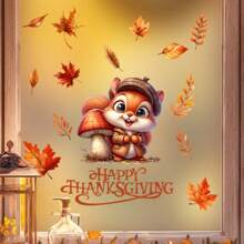 秋季松鼠和枫叶窗贴 - “你好秋天”或“感恩节快乐”文字自粘秋季装饰，暖色调，适用于客厅、卧室、走廊 - 耐用塑料季节性家居装饰，秋季家居装饰，节日房间装饰，秋季主题艺术品，易于粘贴的贴纸，舒适的秋季主题，高品质 PVC，DIY 爱好者