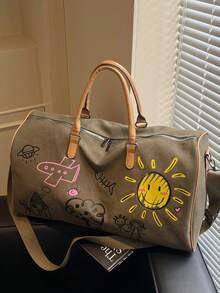 加厚帆布卡通涂鸦童趣图案耐磨多层大容量超轻可折叠多功能拉链单肩斜挎包手提包旅行包行李包学校用品学校用品 - 軍綠色 - 查看 13