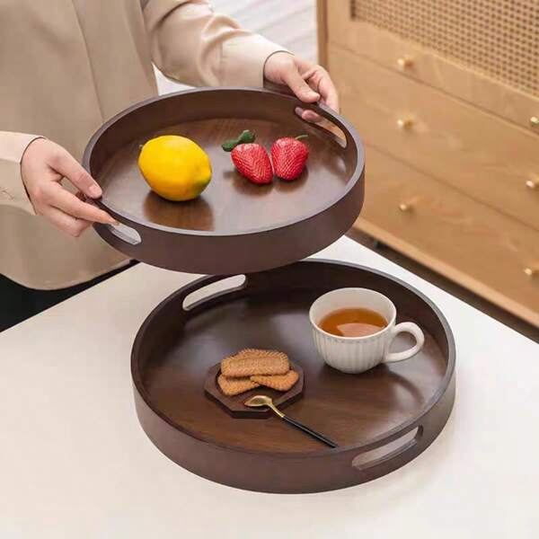 1 Pc Walnut Wood Round Tray With Handle, Suitable For Snacks, Pastries, Cookies, Applicable For Multiple Occasions