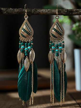 1 par de pendientes de mujer con borla de cadena de esmalte con forma de lágrima