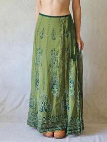 Mori Girl Style Maxi Skirt Cottage Vintage Graphic Print Long Skirt 2000s Cyber Grunge Tie Up High Waist A-Line Skirt Y2k Outfit - 綠色 - 查看 7